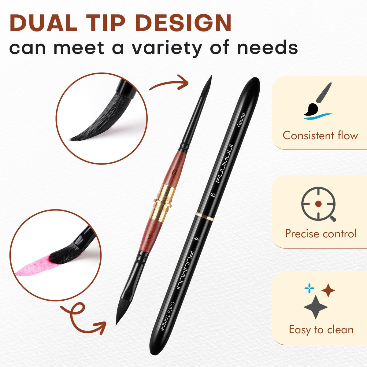 Dual Tip Travel Watercolor Brushes, Fuumuui 3pcs Synthetic Squirrel Hair Set of 6 Versatile Tips