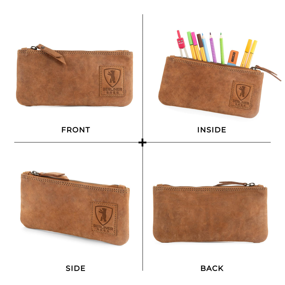 BERLINER BAGS Genuine Leather Pencil Case, Vintage Pen Pouch - Brown