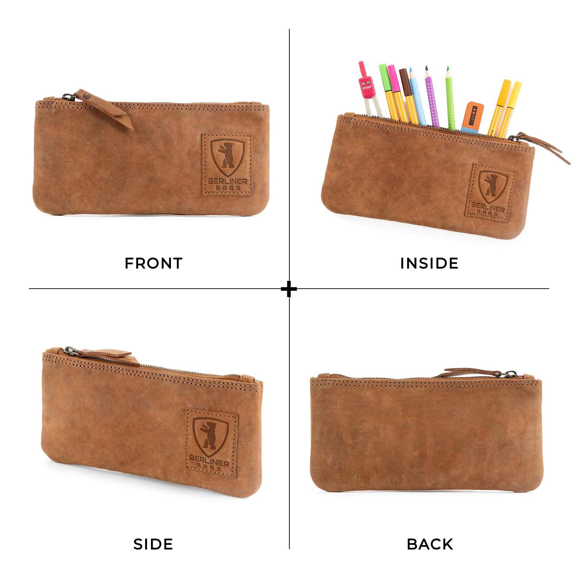 BERLINER BAGS Genuine Leather Pencil Case, Vintage Pen Pouch - Brown