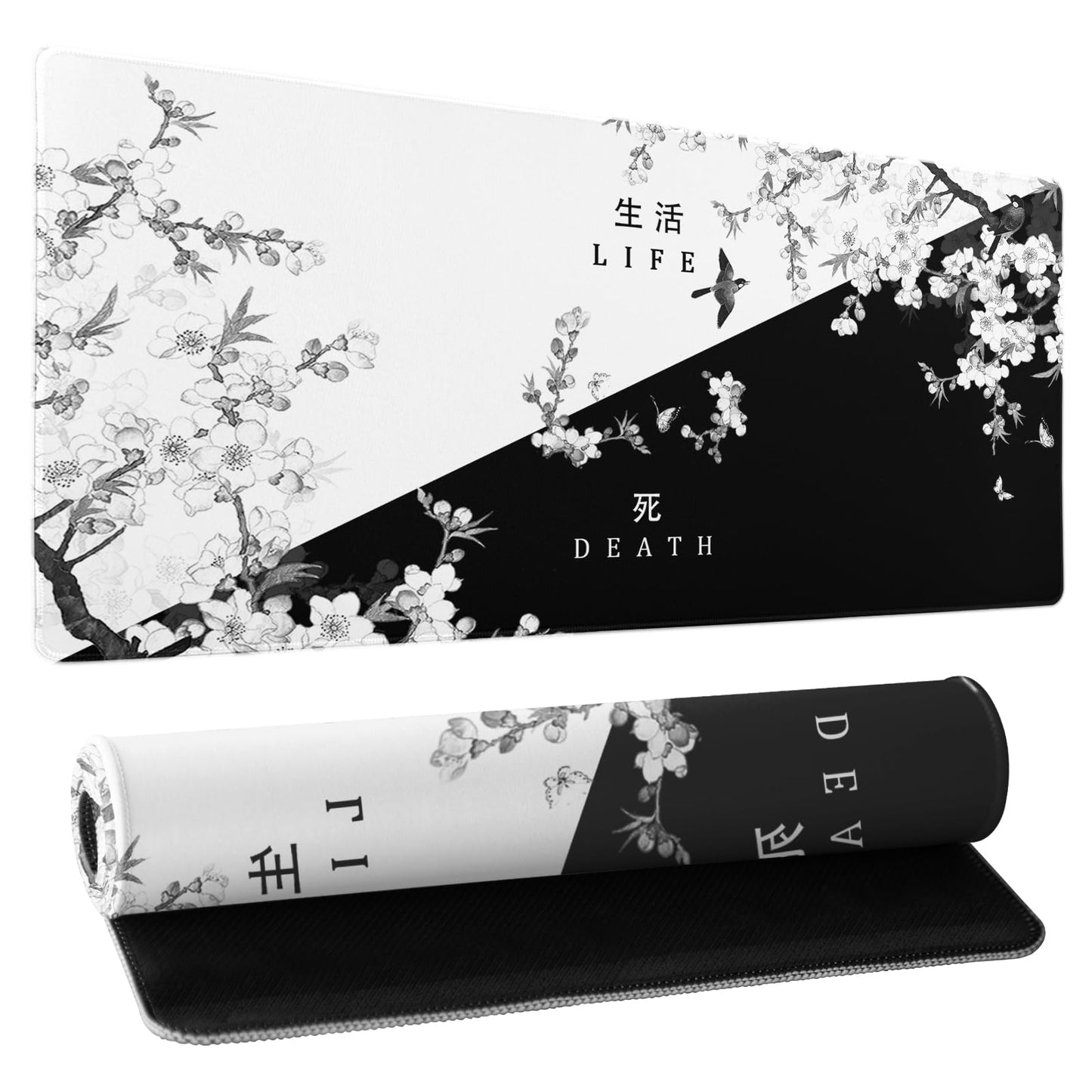 Black and White Cherry Blossom Gaming Mouse Pad XL，Large Mouse Pad Japanese Sakura Death Life Mouse