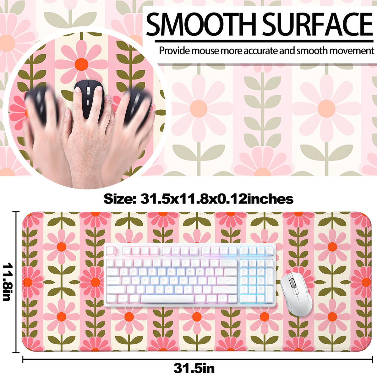 JIANG100 Vintage Pink Flower Design Gaming Desk Mat, Extended Mouse Pad, XL