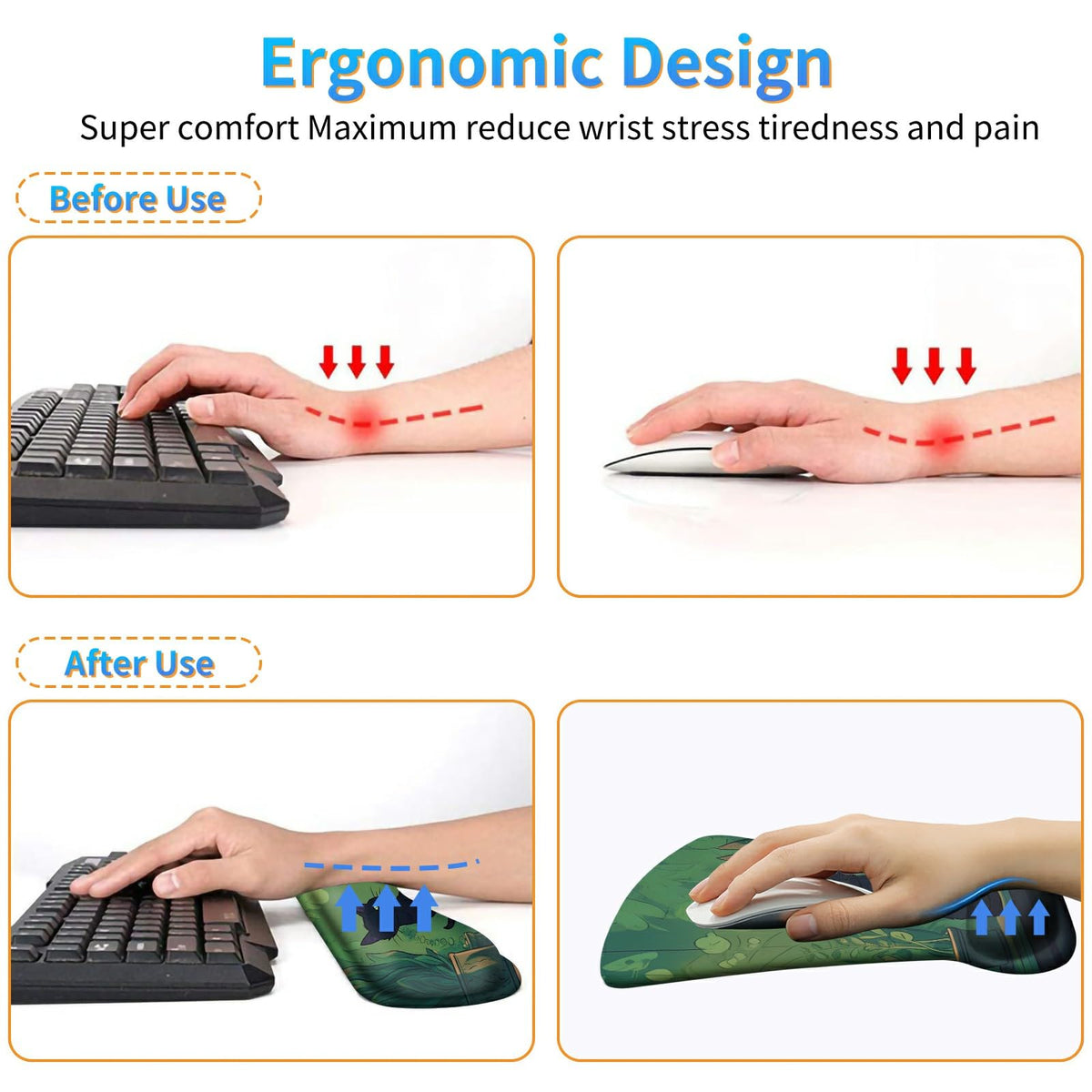 3Pcs Ergonomic Memory Foam Keyboard Wrist Rest Pad Set, Black Cat Leaf