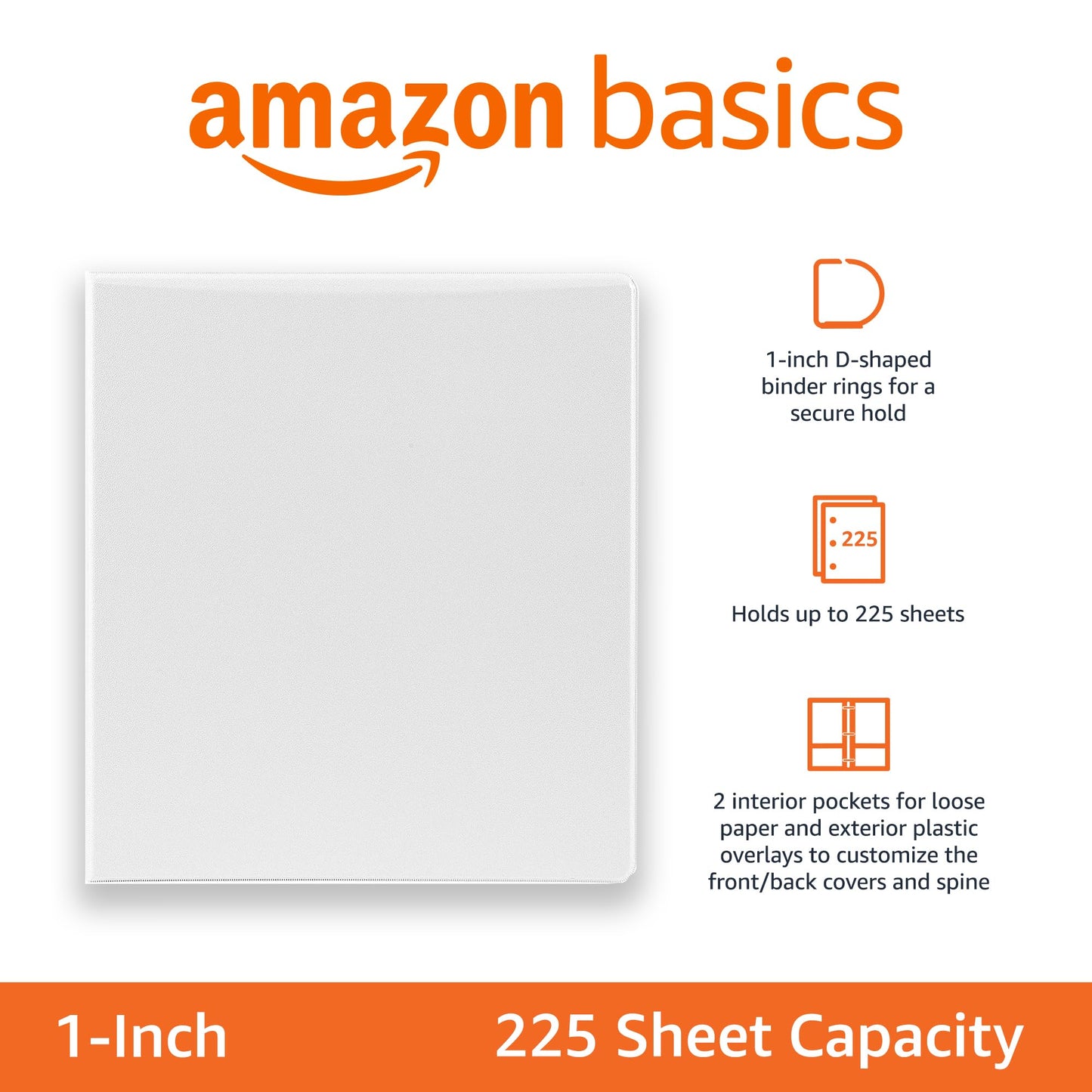 Amazon Basics 3 Ring Binder, 1 Inch D-Ring, Clear Overlay, Pockets for Storage and Organization