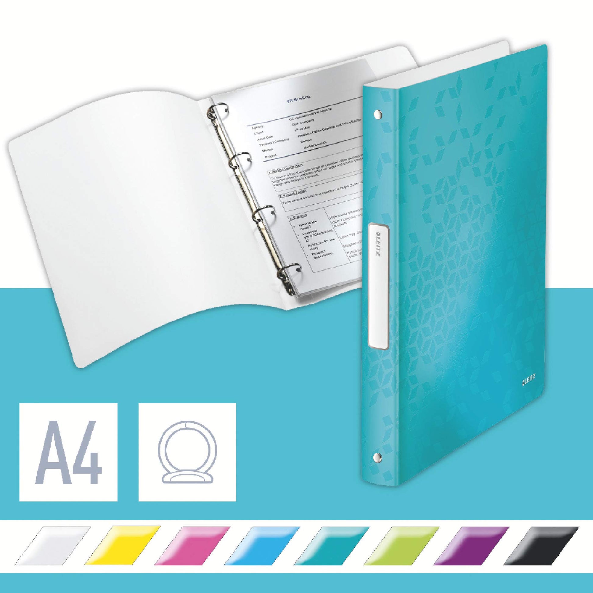 Leitz 4 Ring Binder, Holds up to 190 Sheets, Wow Range, 25 mm Spine, 42580051 - A4, Ice Blue