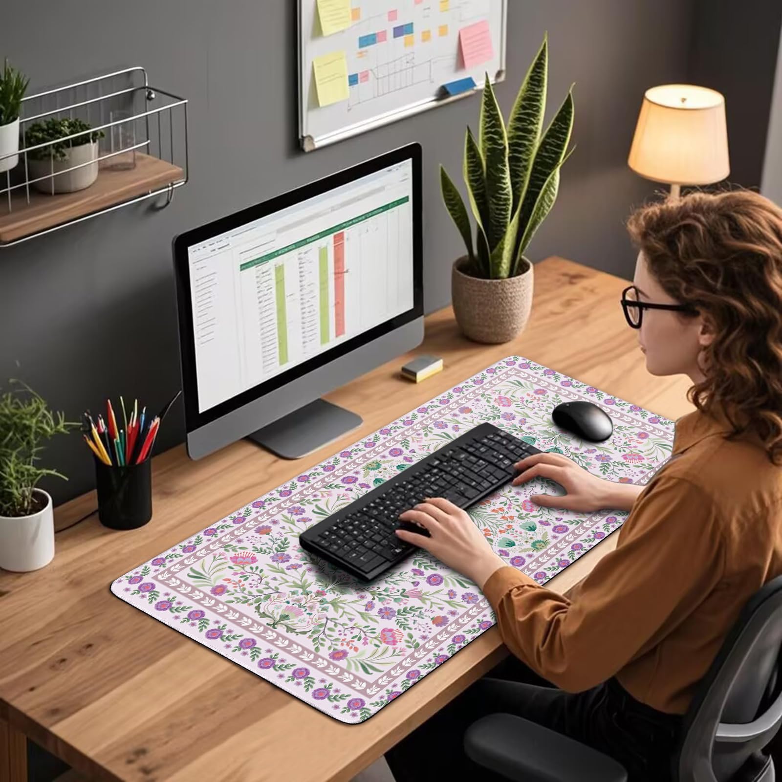 Mcapirivo Purple Floral Desk Mat Large Mouse Pad 31.5"x15.7" Anti-Slip