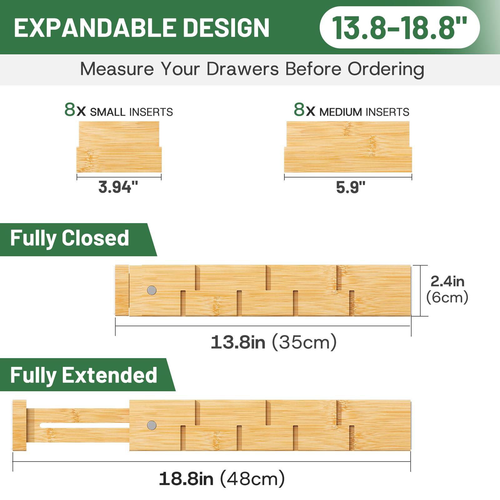kiplant Bamboo Drawer Dividers - Adjustable Drawer Dividers for Kitchen, Clothes, Closet & Office