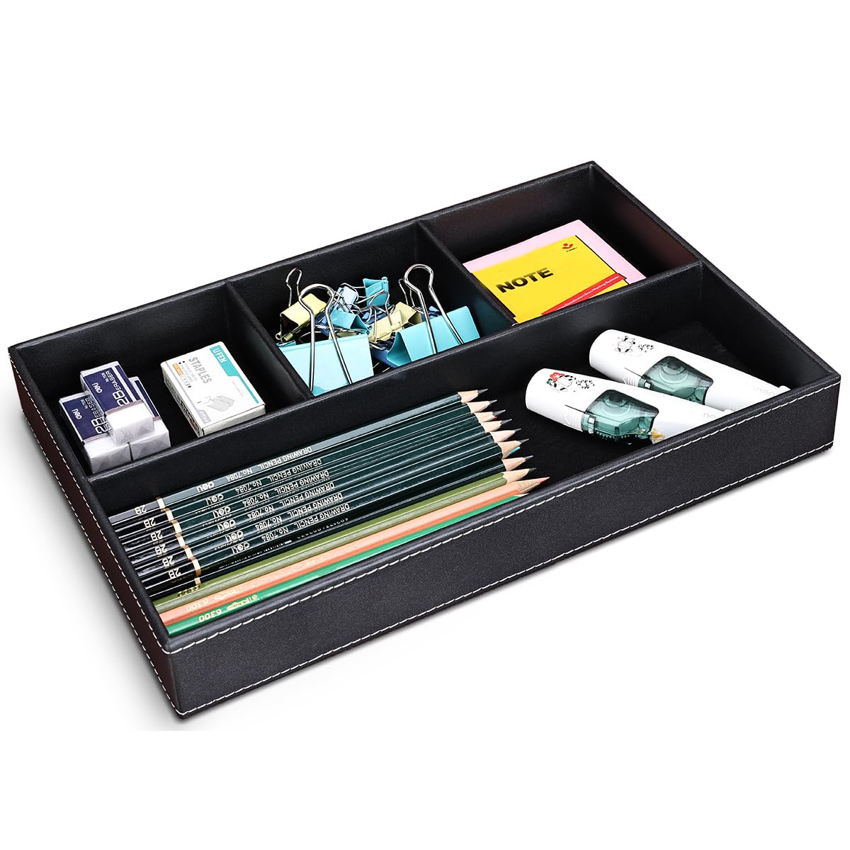 KINGFOM Pu Leather Desk Organizer Tray, 4 Compartment Office Storage Supplies Stationery Drawer