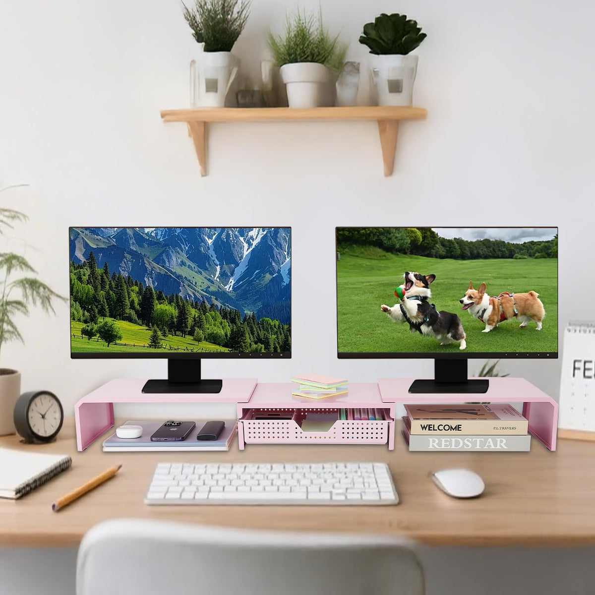 LEKETREE Dual Monitor Stand Riser with Drawer, Desk Organizer and Accessories, Pink Monitor Stand