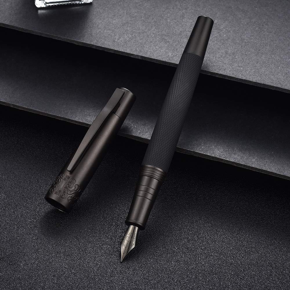 6013 Pure Black Solid Metal Fountain Pen Extra Fine Nib, Senior General Ink Converter Pen Metal Box