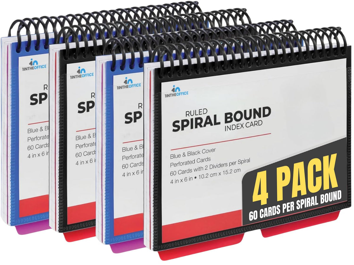 1InTheOffice Index Cards 4 x 6 Ruled, Spiral Bound, 120 White Cards/Spiral, 4 Pack (4)