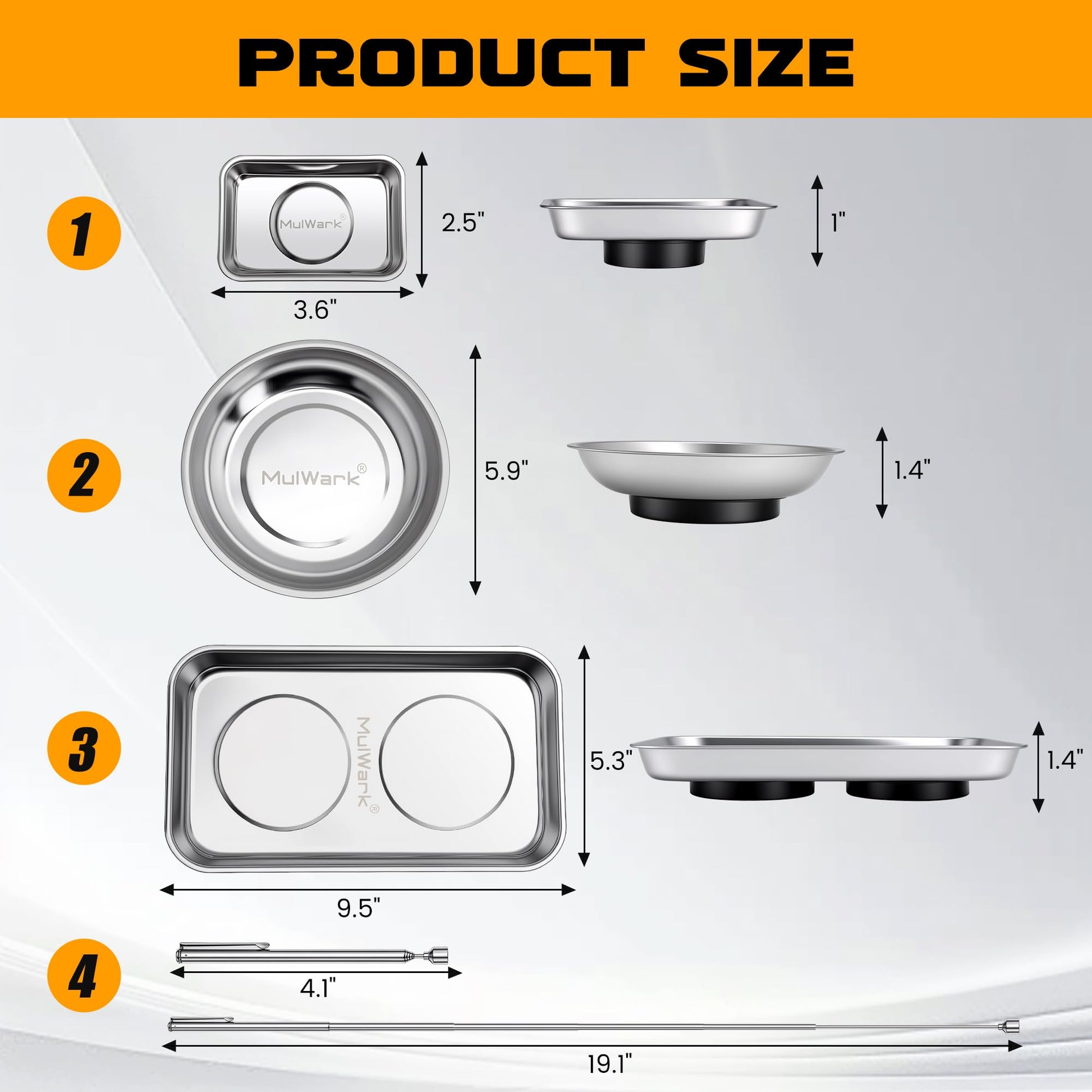 MULWARK 4Pcs Magnetic Tray with 1.5Lb Magnetic Pickup Tool, 3 Sizes Stainless Steel Magnetic Parts
