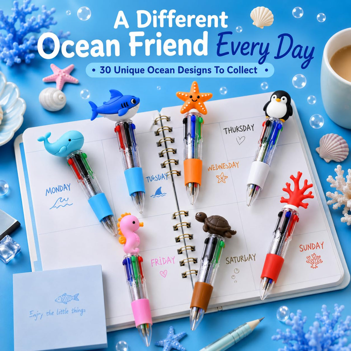 30PCS Ocean Animal Multicolor Pens, 4 Color Ballpoint Pens Bulk, Retractable Novelty Pens with