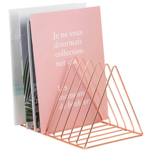 EASEPRES Rose Gold Magazine Holder, Desktop File Sorter Organizer Triangle 9 Slot Newspaper Record