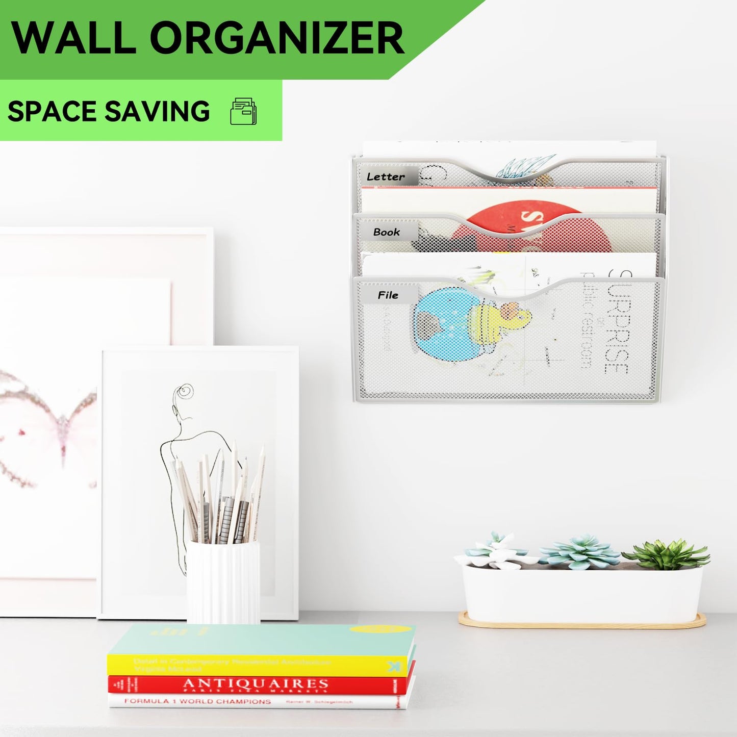 GDINDINFAN 3 Pockets Hanging Wall File Organizer Mail Holder, Wall Mounted Paper Document Folder
