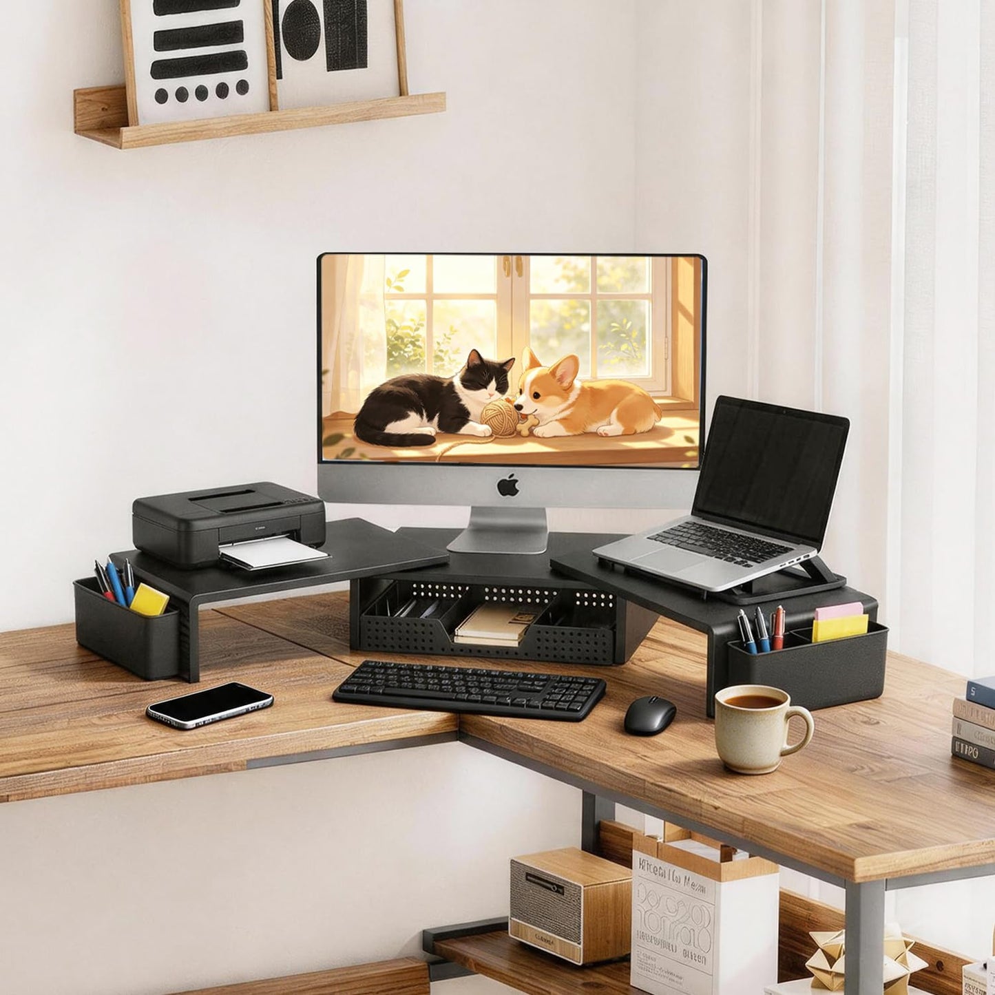 LEKETREE Dual Monitor Stand Riser with Drawer and 2 Pen Holders, Black