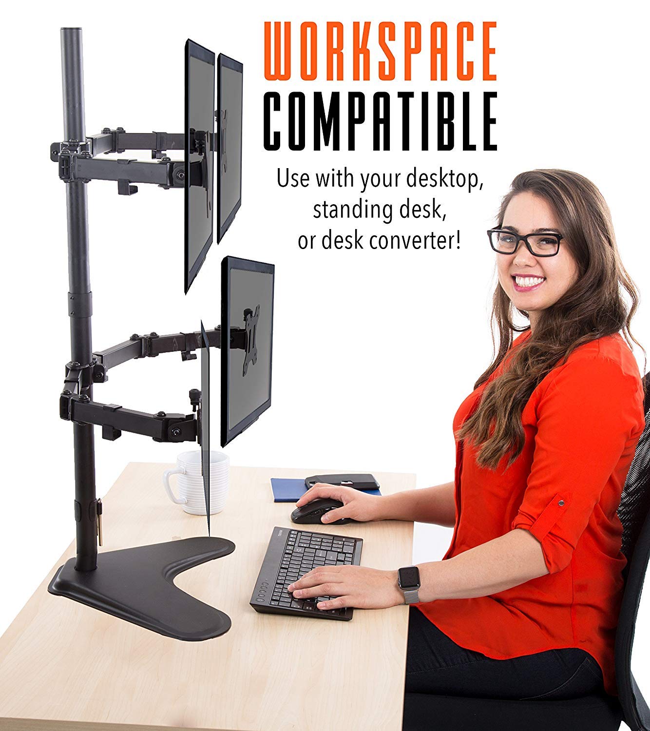 Stand Steady 4-Monitor Mount | Height-Adjustable Stand with Stabilizing Base - Fits Most LCD/LED