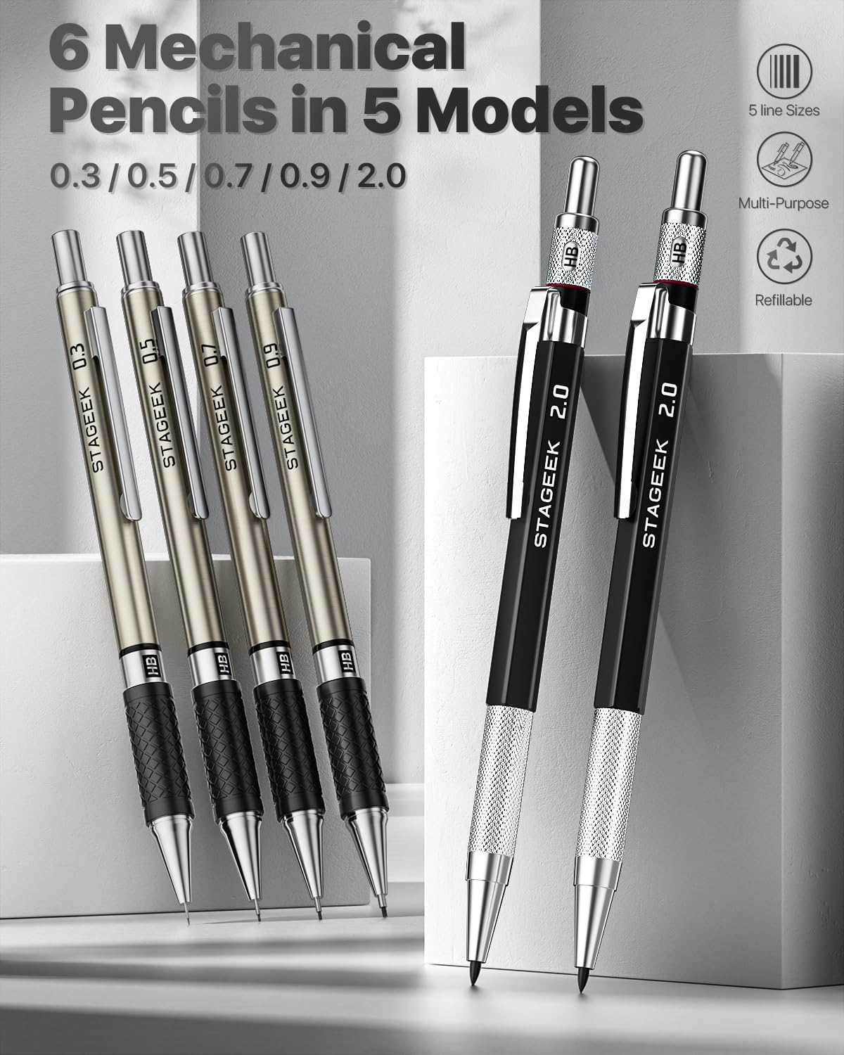 STAGEEK 37PCS Mechanical Pencil Set with Case, 0.3, 0.5, 0.7, 0.9 ＆2PCS 2mm