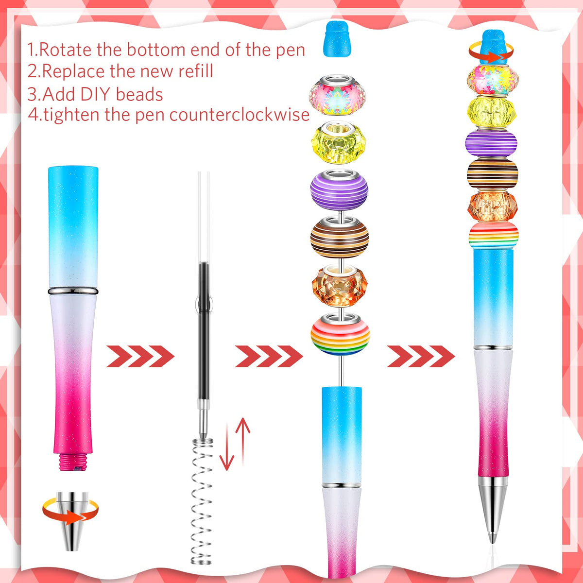 Crtiin 100 Pcs Beadable Pen School DIY Kit,Candy Gradient Color
