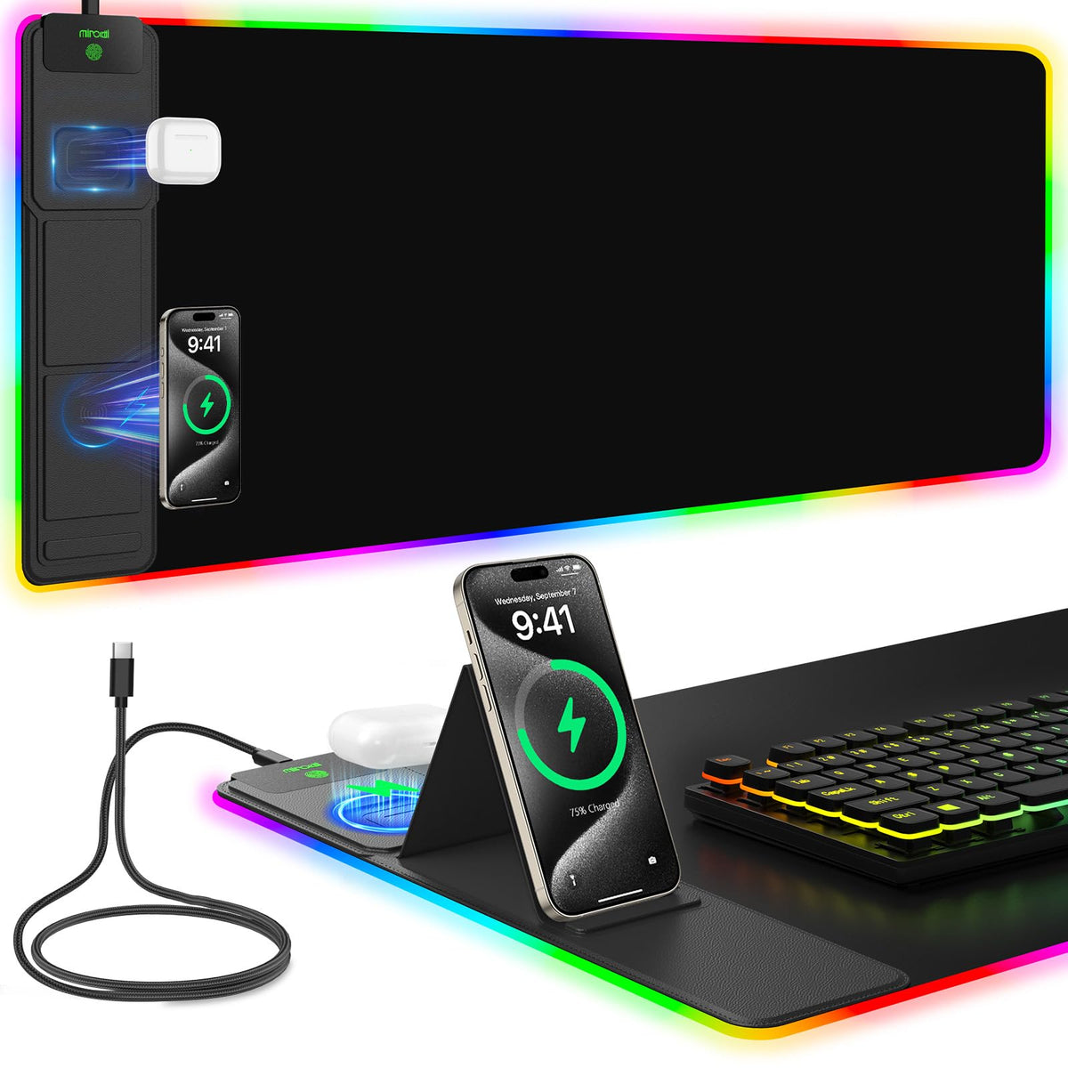 Mouse Pad with Foldable Phone Holder & Wireless Charger, XXL RGB Gaming Mousepad 31.5"x15.8" Large