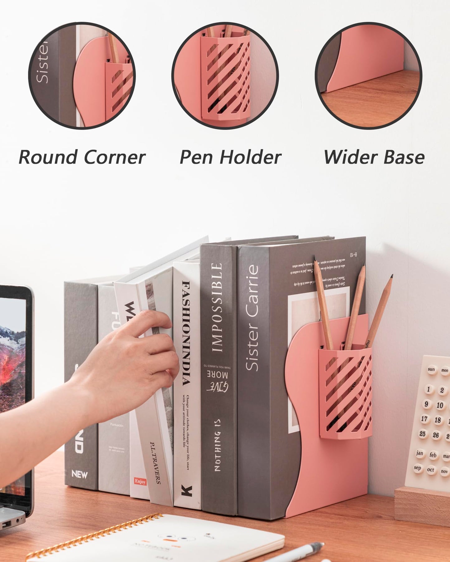 Kingsmile Book Ends, Adjustable Heavy Duty Metal Book Stoppers with Pen Holder for Desk Office