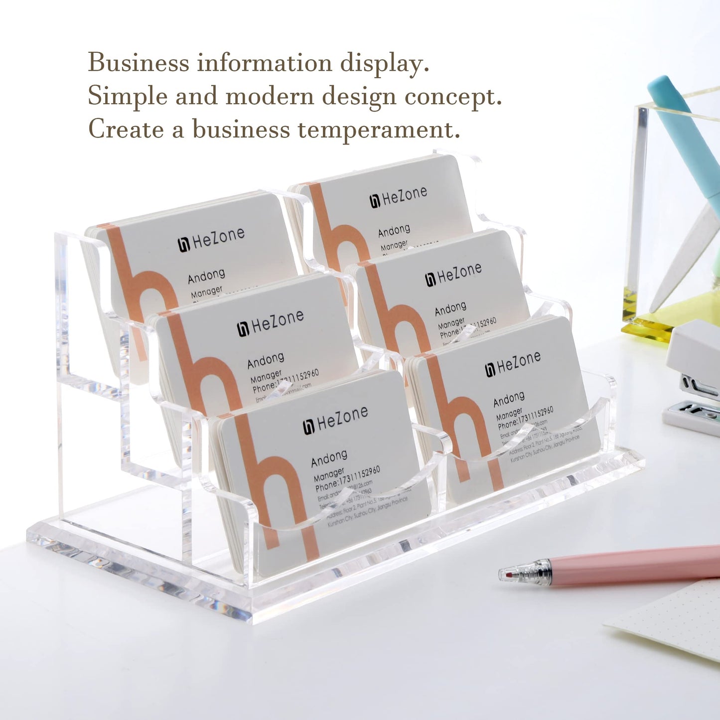 HeZone Business Cards Holder Display for Desk, Clear Acrylic Multiple 3 Tier 6 Slot Business Card