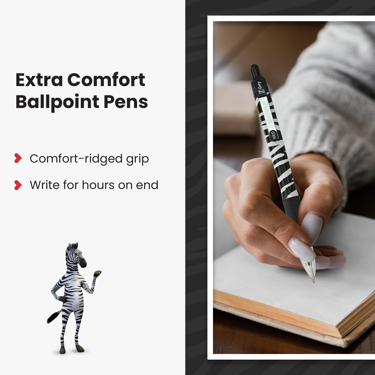 ZEBRA Pen Z Grip Black Pens Ballpoint, Smooth & Funky Ballpoint Pens With Pocket Clip, Retractable