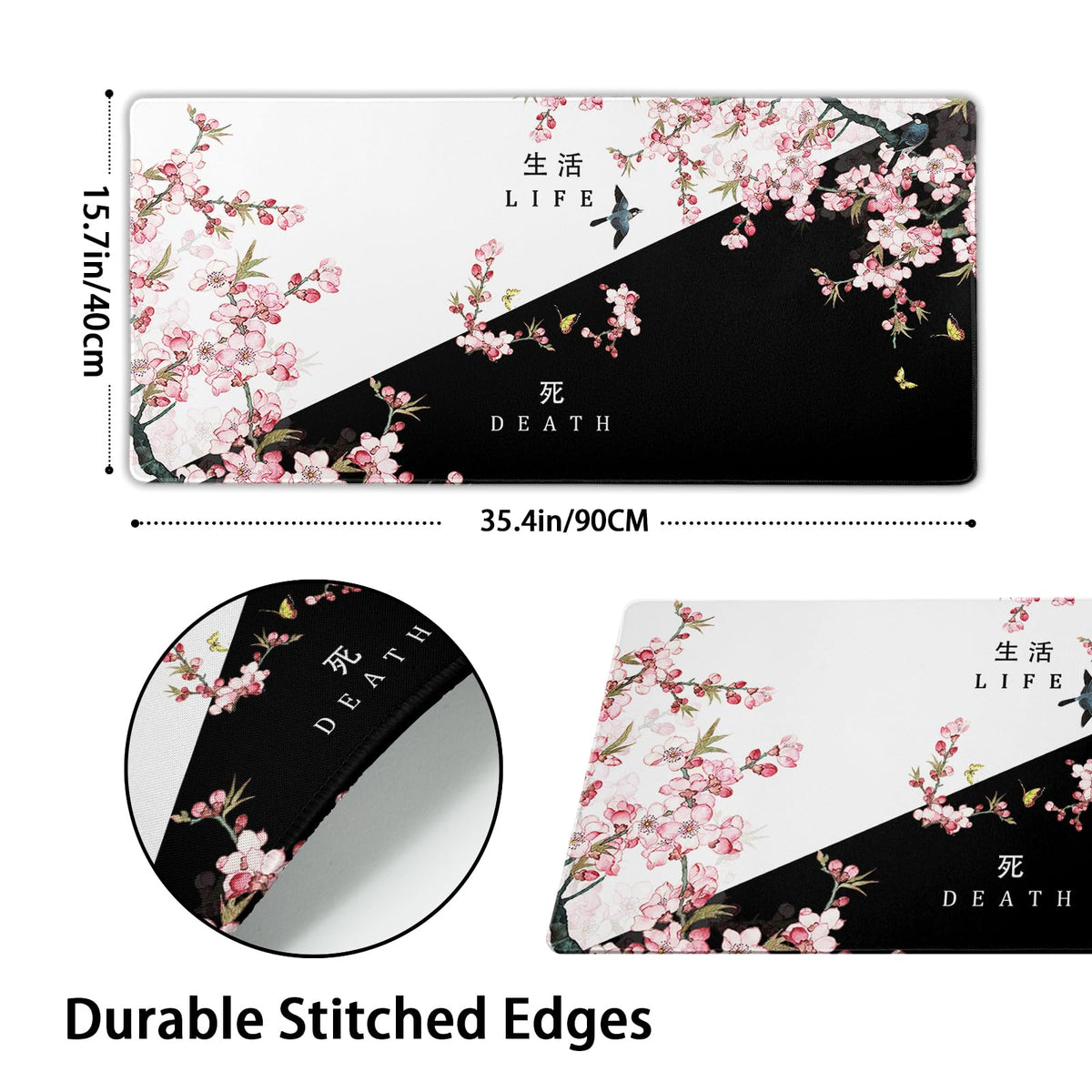 XXL Large Gaming Mouse Pad, Pink Sakura Death Life Extended Desk Pad Non-Slip Rubber Base