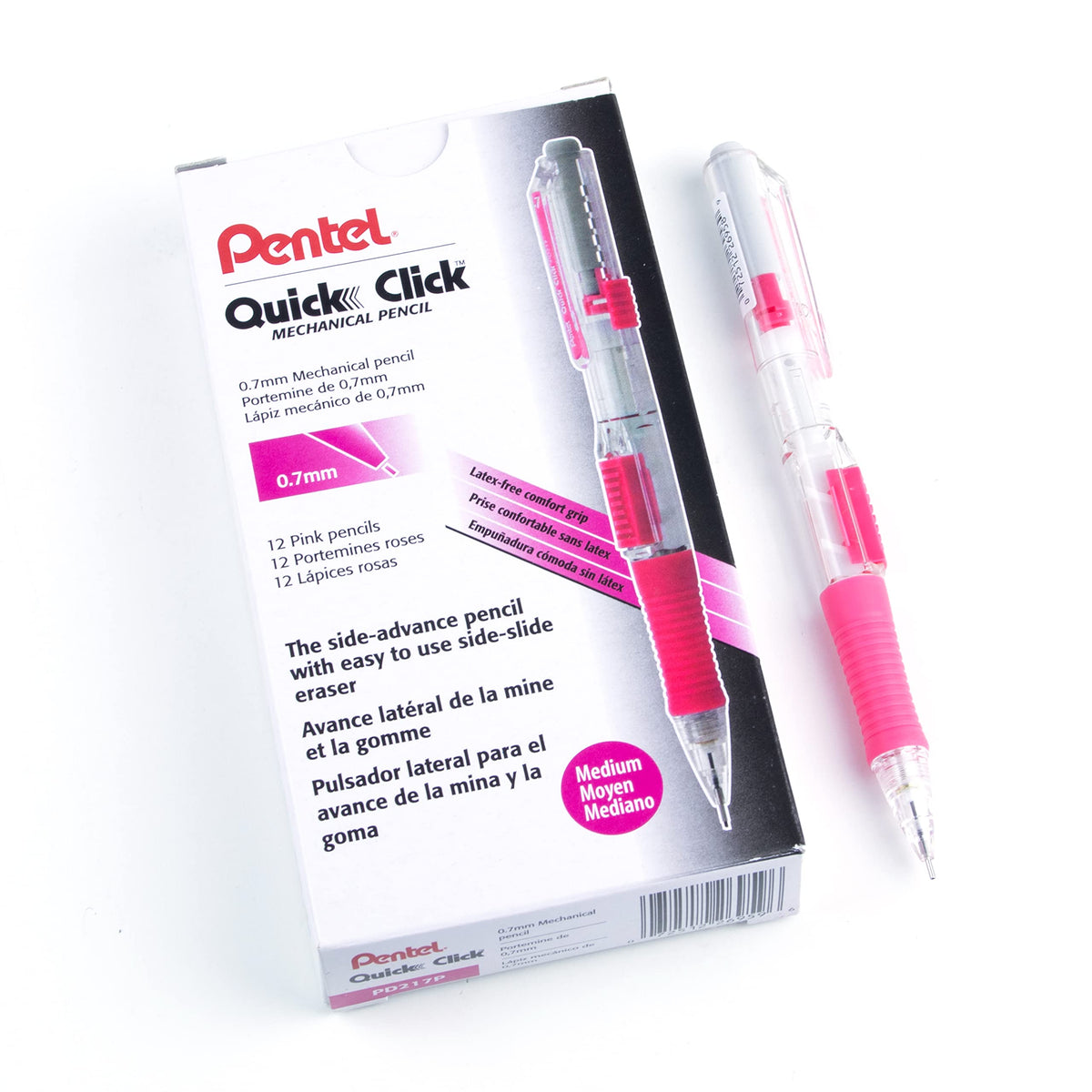 Pentel QUICK CLICK Mechanical Pencil (0.7mm), Pink Barrel, Box of 12 Pencils (PD217P)