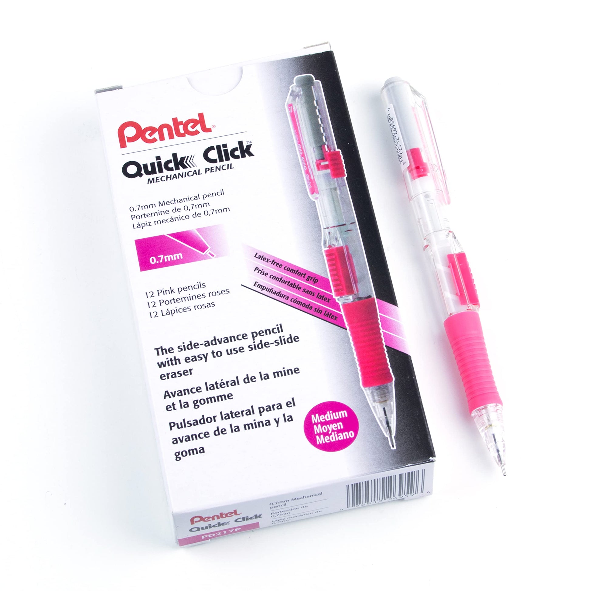 Pentel QUICK CLICK Mechanical Pencil (0.7mm), Pink Barrel, Box of 12 Pencils (PD217P)