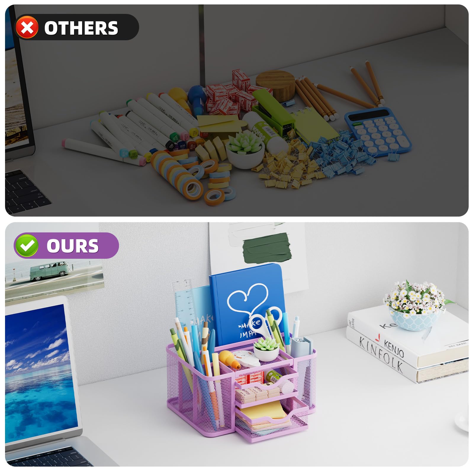 Marbrasse Mesh Desk Organizer, Pen Holder with 2 Drawer, Multi-Functional Pencil Holder, Desk