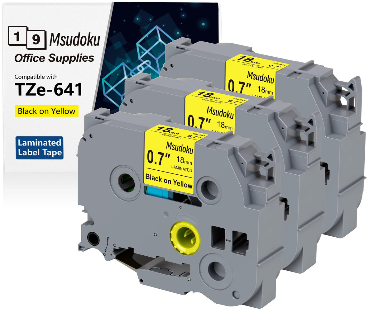 Msudoku TZ641 3PK Black on Yellow Compatible for Brother 18mm Label Tape