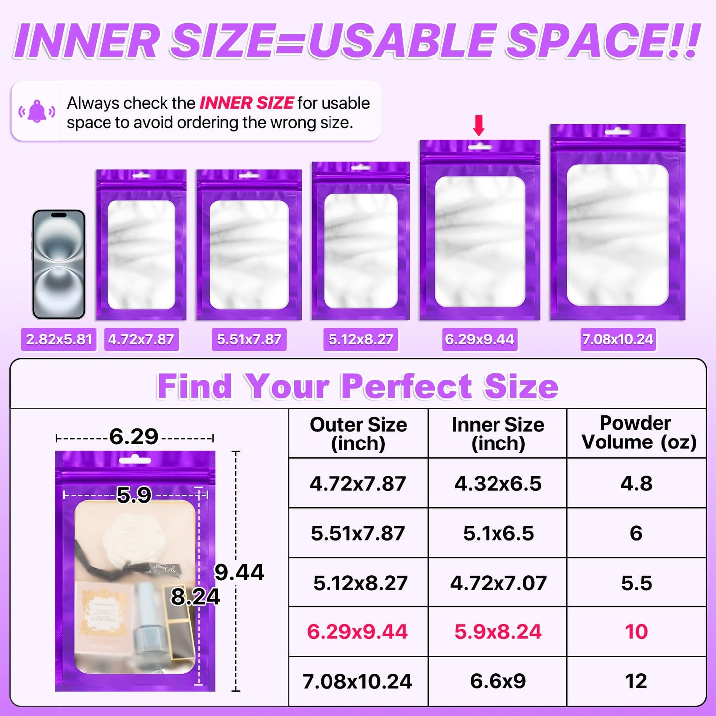 ANZNKU 100Pcs Purple Mylar Bags, Resealable Smell Proof Zip Goodie Baggies