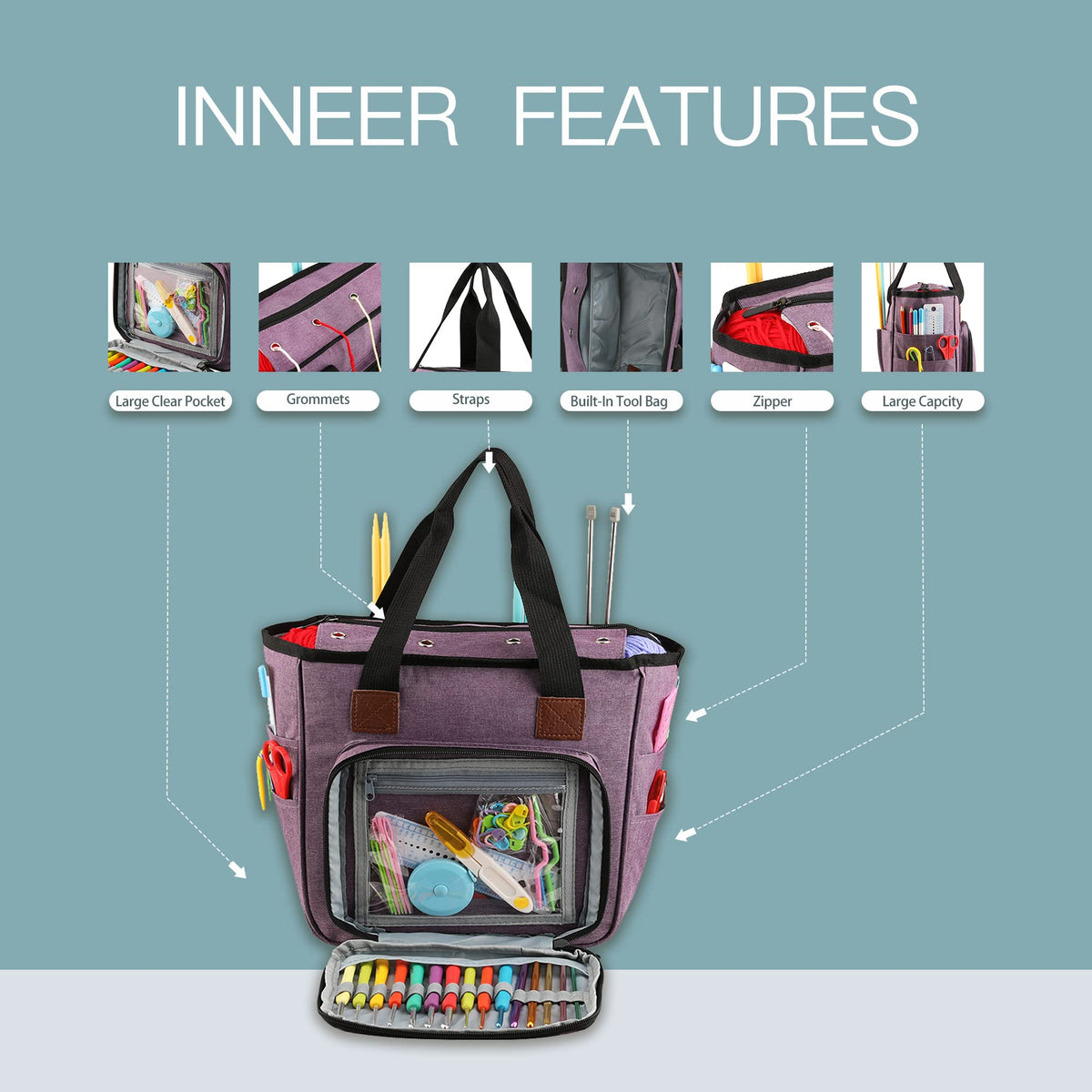 LOOEN Yarn Knitting Storage Tote-Large Capacity Crochet Organizer Portable Travel Bag with Shoulder