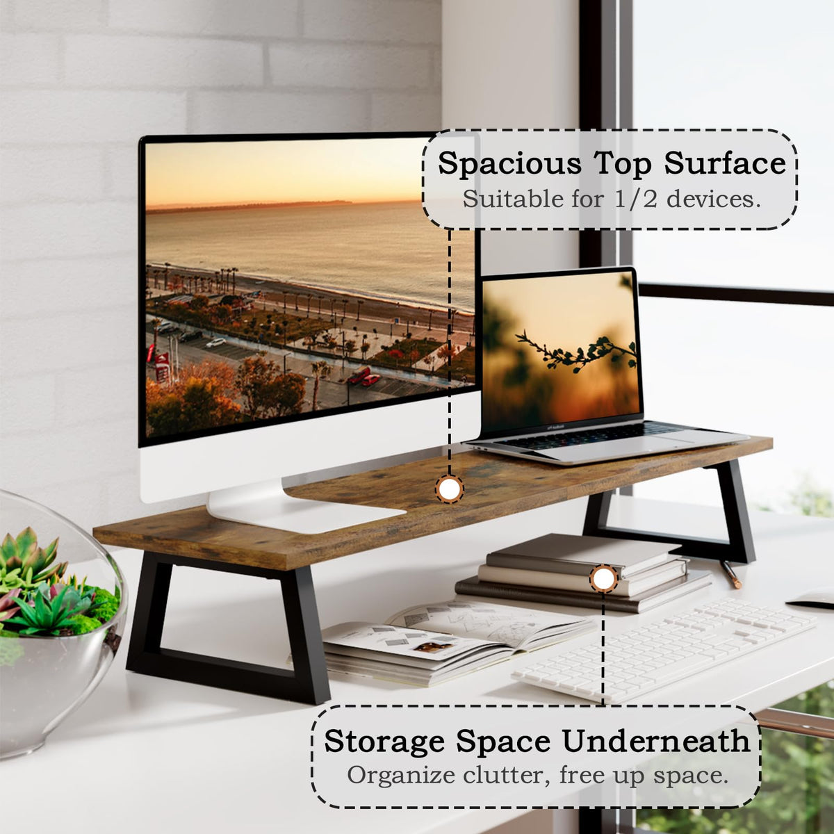 TEAMIX 31.5 inch Dual Monitor Stand Riser, TV Riser, Wood Desk Organizer