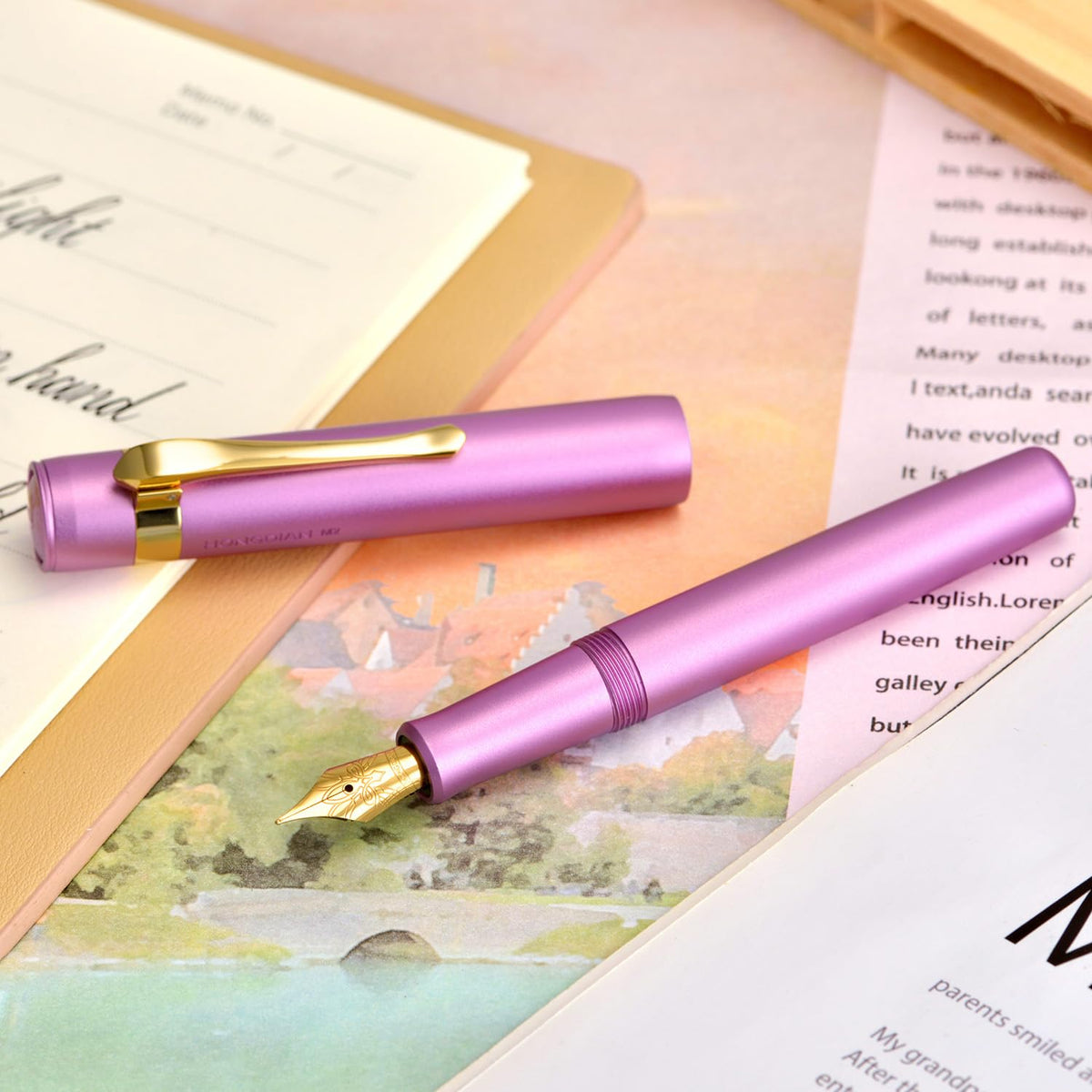 HONG DIAN M2 Black Forest Mini Fountain Pen, Medium Soft Golden Nib & Sleek Shape Aluminium Short