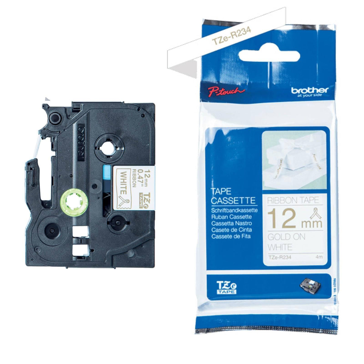 Brother TZe-RN34 Labelling Tape Cassette, Gold on White, 12 mm (W) x 4M (L), Ribbon Tape, Brother