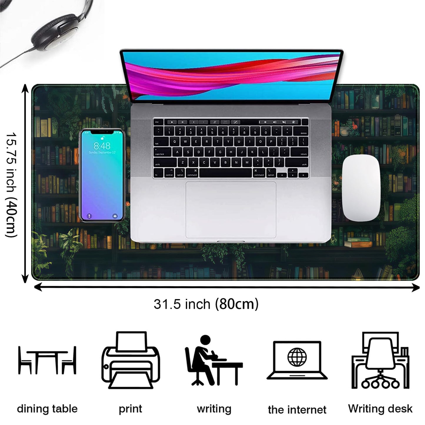 Green Leaves Desk Pad Extended Mouse Mat, Plant Bookshelf Gaming Desk Mat, Large Laptop Keyboard
