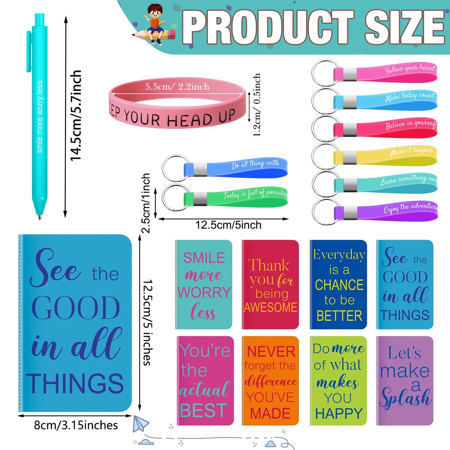 PerKoop 64 Pcs Inspirational Gift Bulk Notebooks Ballpoint Pen, Rainbow