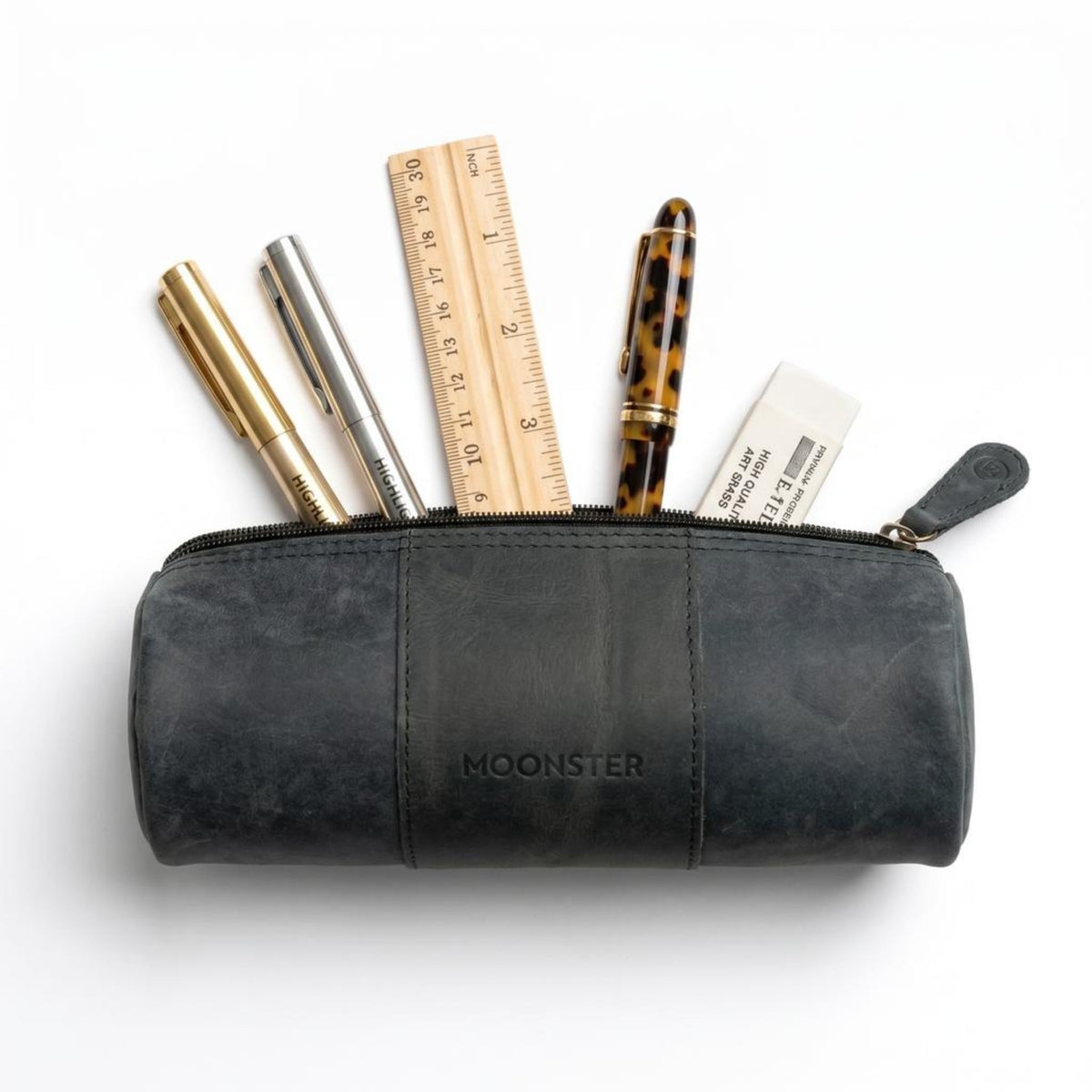 moonster Full-Grain Buffalo Leather Pen Case, 8x4 Inch, YYK Zipper, Linnen Interior, 6" Stainless