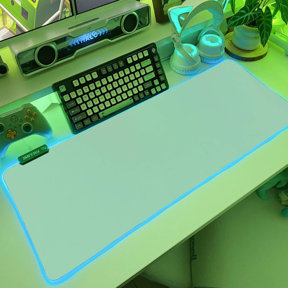 JMIYAV Green RGB Gaming Mouse Pad 31.5x12 Inch PC XL Large Glowing Led Light Up Desk Pad Non-Slip