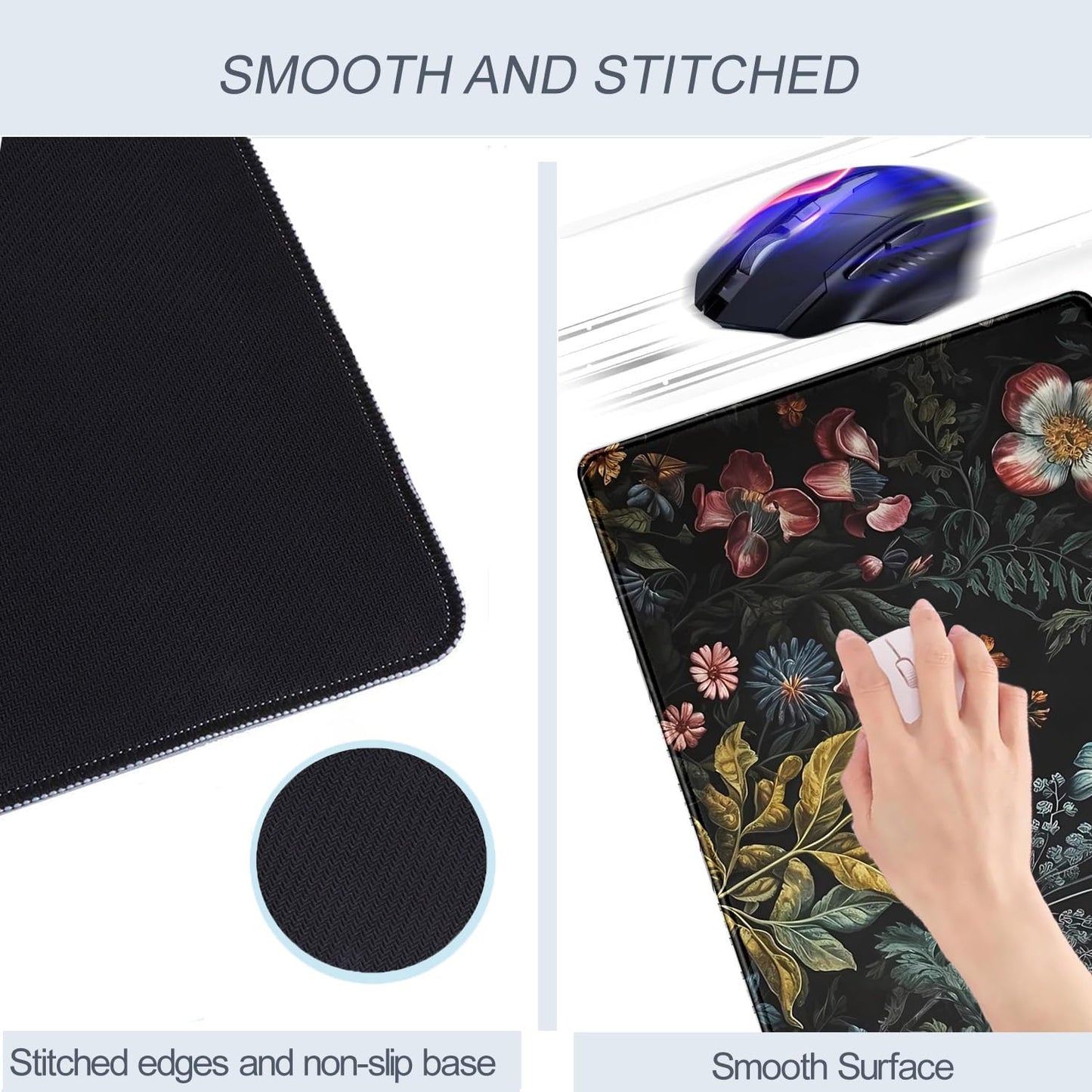 Floral Desk Mat Dark Academia Vintage Aesthetic Desk Pad Flower Plant Large Gaming Mousepad Black