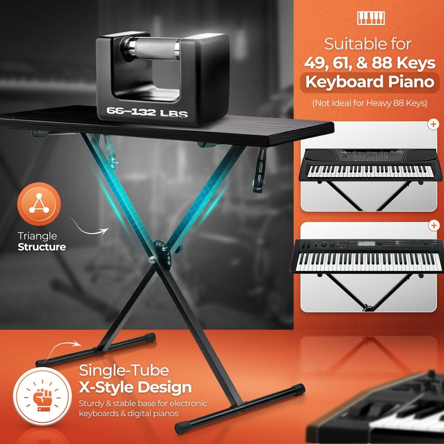 Flexzion Classic Keyboard Stand Musician Electronic Piano Organ Single Tube X Type 7 Position