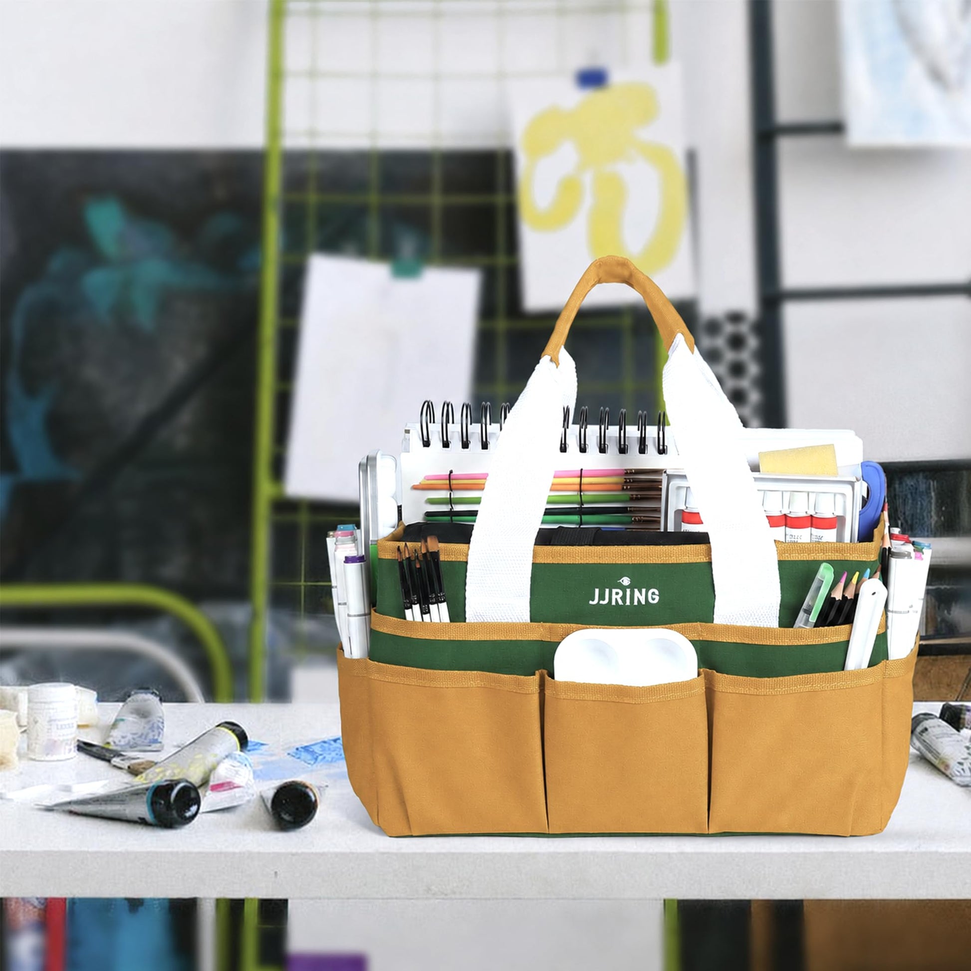JJRING Craft Organizer Tote Bag Art Storage Caddy Deep Green and Yellow