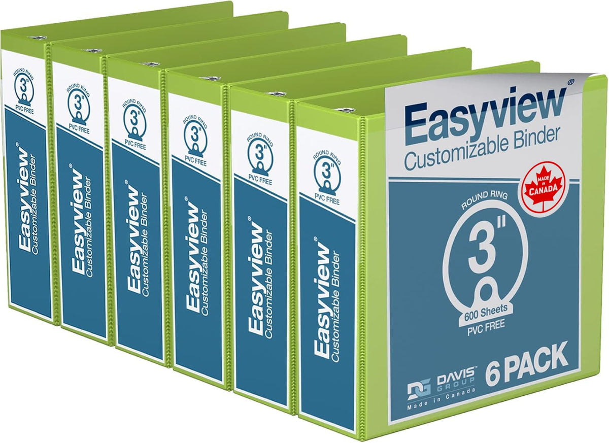 Easyview 3-Ring Binder, Clear-View Cover, 3" Round Rings, Lime Green, 6 Pk