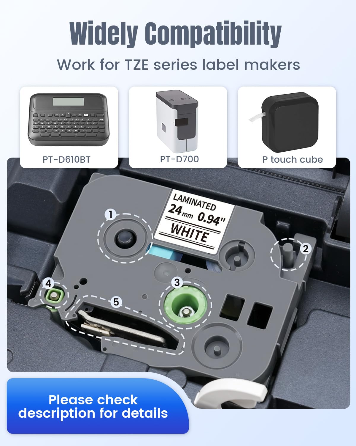 24mm Label Tape for PT-D610BT PT-D600 PT-P710BT PT-2430 TZE-S251 24mm 0.94"