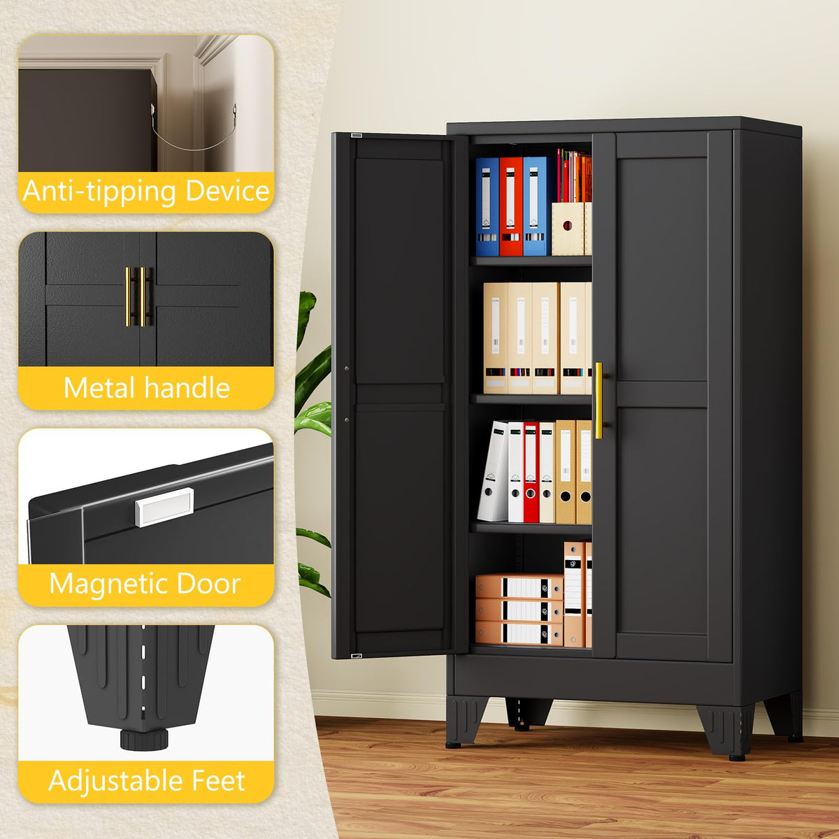 PAOFIN Metal Storage Cabinet with 2 Doors and 3 Adjustable Shelves, Metal Garage Storage Cabinets