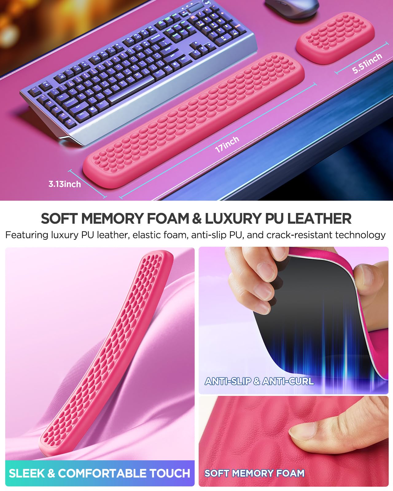 Lekvey Ergonomic Keyboard Wrist Rest, Memory Foam Wrist Support, Rose Pink