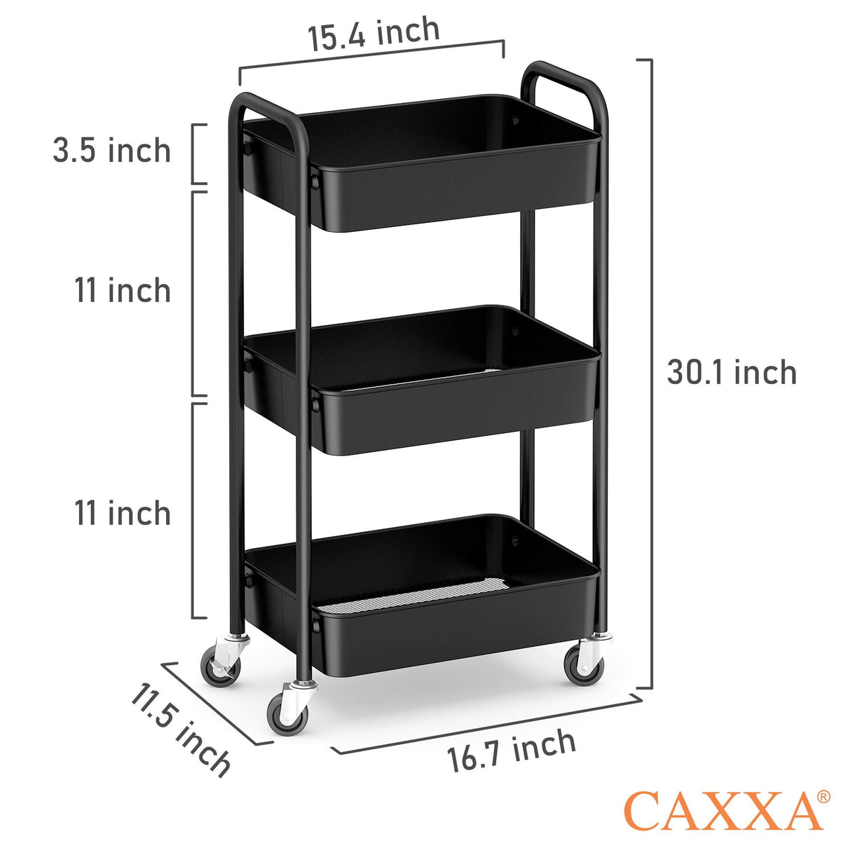 CAXXA 3-Tier Rolling Metal Storage Organizer - Mobile Utility Cart, Kitchen Cart with Caster Wheels