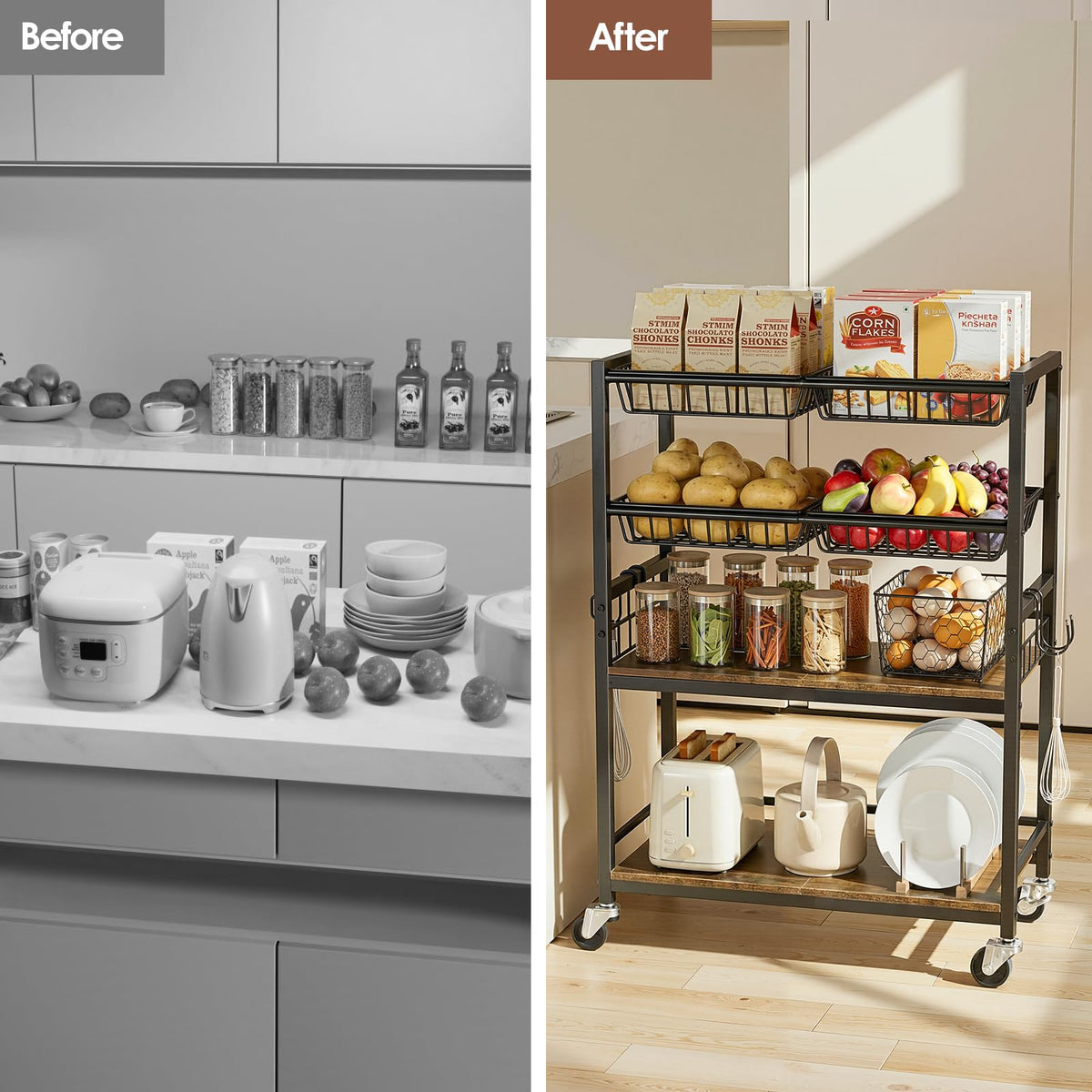 Kssiaz Fruit Vegetable Storage Cart, 4 Detachable Basket