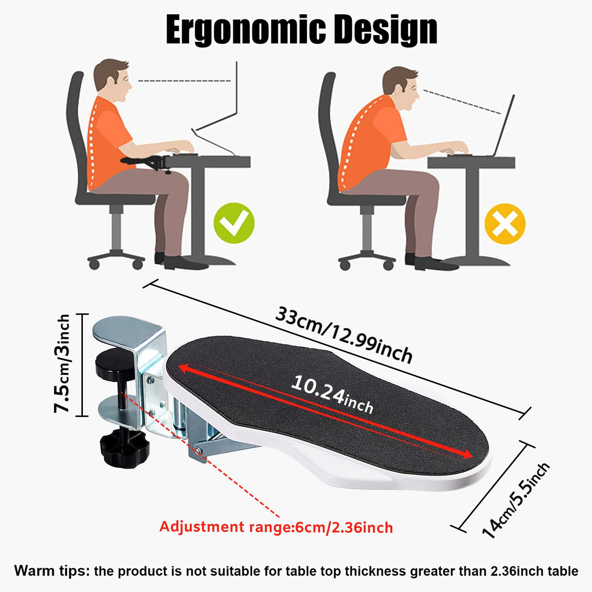 Hovadova Computer Arm Rest for Desk, 180° Swivel and 90° Foldable, White